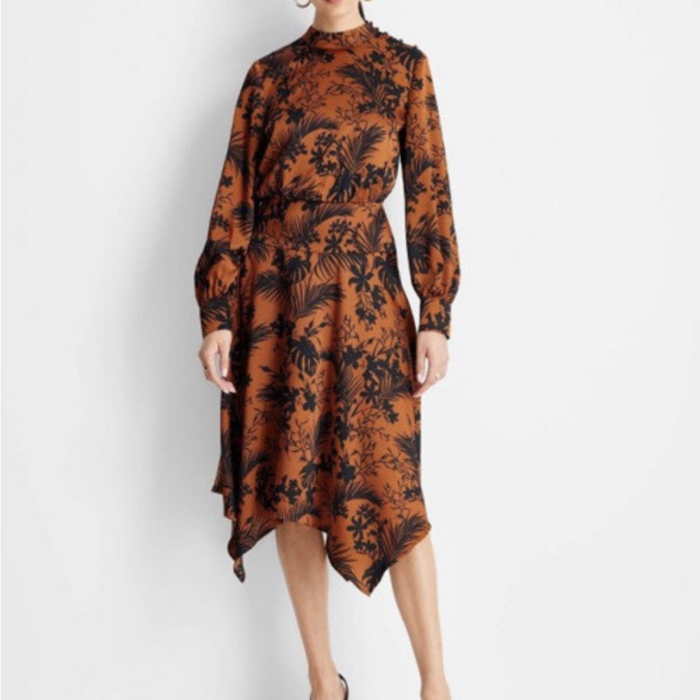 Elegant Floral Dress with Mock Neck and Asymmetrical Hem